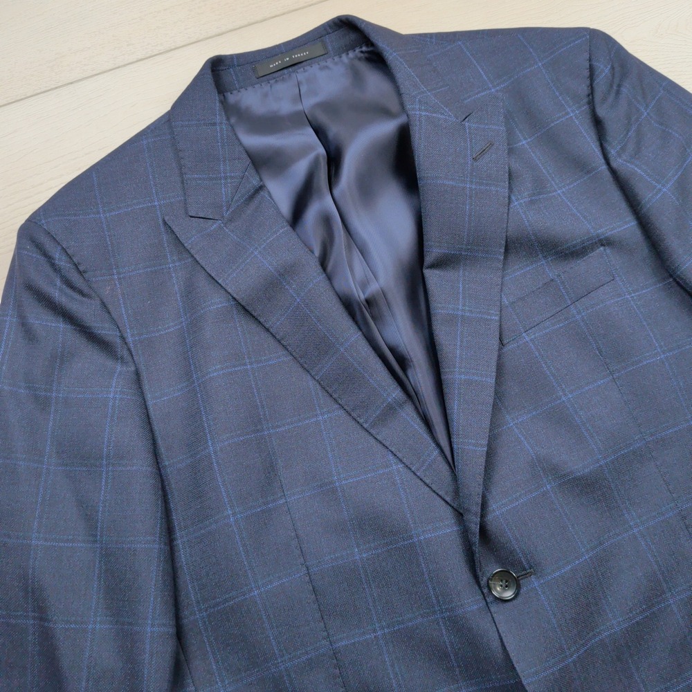 Hugo Boss Tailored Navy Windowpane Super 140 Wool Blazer Jacket 44R Lanificio
